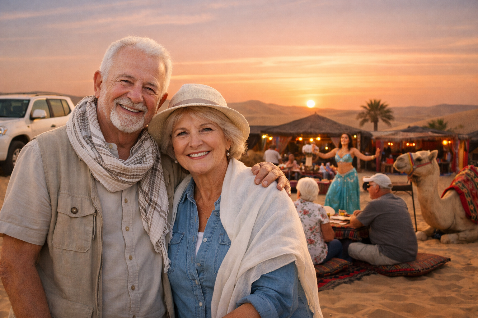 Senior citizens enjoying a calm desert safari experience in Dubai during evening time